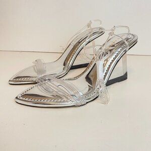 Good American Sandal Size 7 Wedge Silver Ankle Strap Clear Pointed Toe Sole New